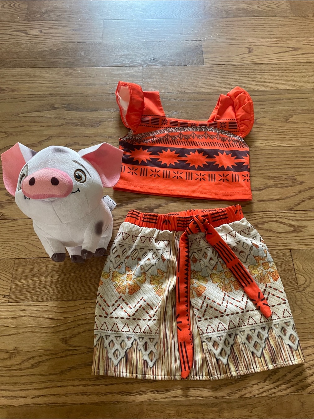 Girls Orange and Cream Moana-Inspired Halloween Costume Set with pig